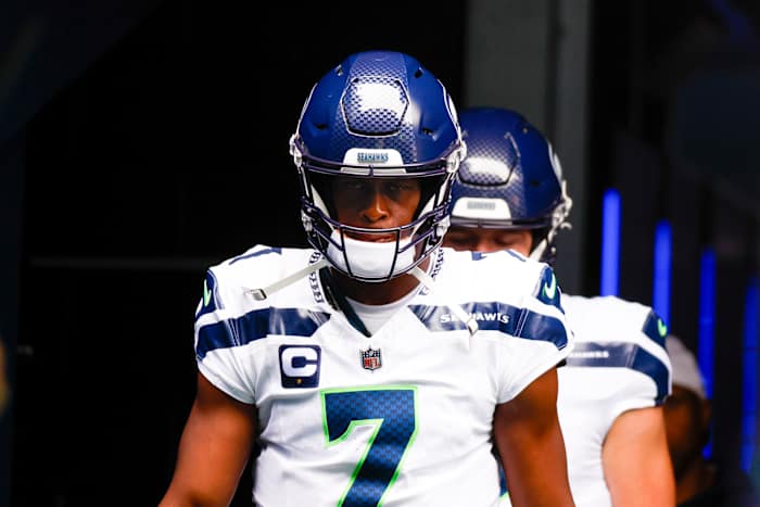 Seattle Seahawks quarterback Geno Smith (7) exits the locker room before pregame warmups against the Carolina Panthers at Lumen Field.